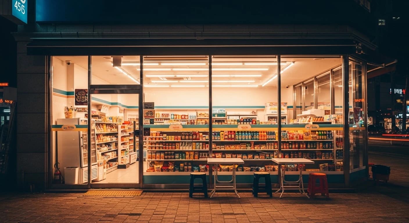 Exterior of a brightly lit modern Korean convenience store at night, warm glow from inside, clean glass windows showing color