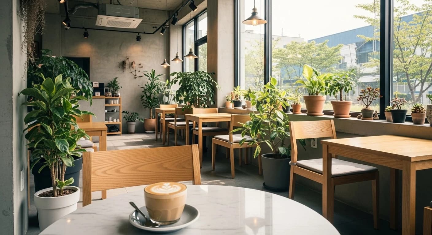 Beautiful modern Korean cafe interior with large windows and natural light, stylish minimalist design with concrete walls and