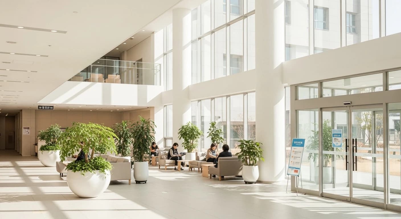 Modern Korean hospital lobby with clean white interior, natural daylight streaming through large glass windows, a few people