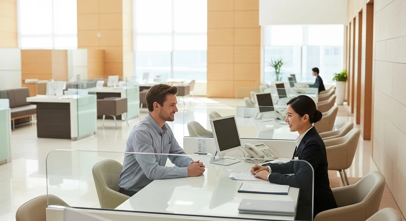 Modern Korean bank branch interior with clean glass counters, a foreign customer sitting across from a bank teller, bright na