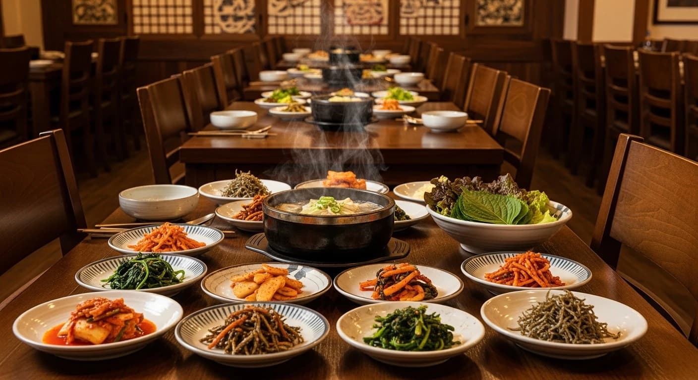 Warm inviting interior of a traditional Korean restaurant with wooden tables, banchan side dishes laid out, warm lighting, st