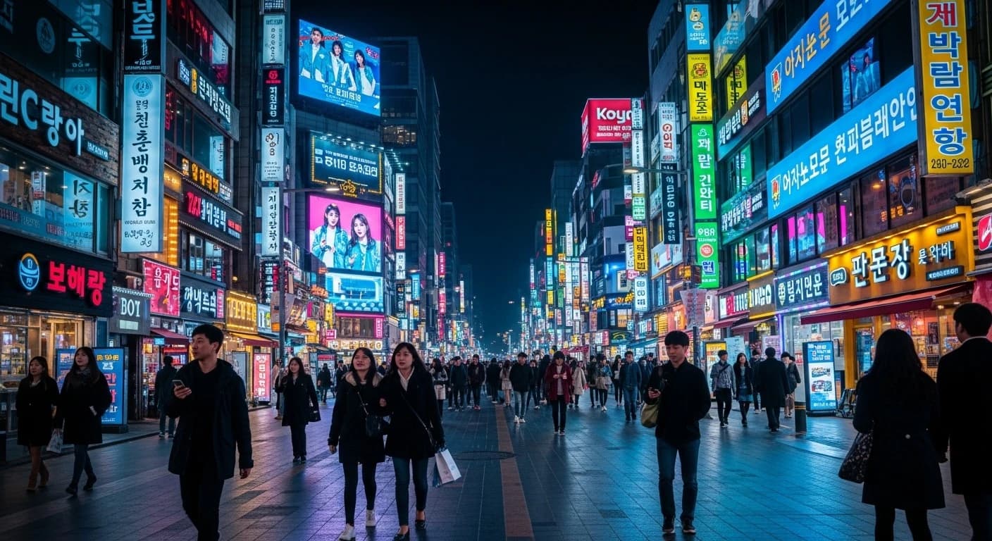 Vibrant neon-lit street in Seoul Hongdae district at night, colorful billboards and LED screens on buildings, young people wa