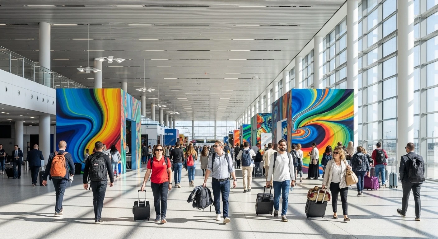 Airport arrival hall with telecom service counters and SIM card displays