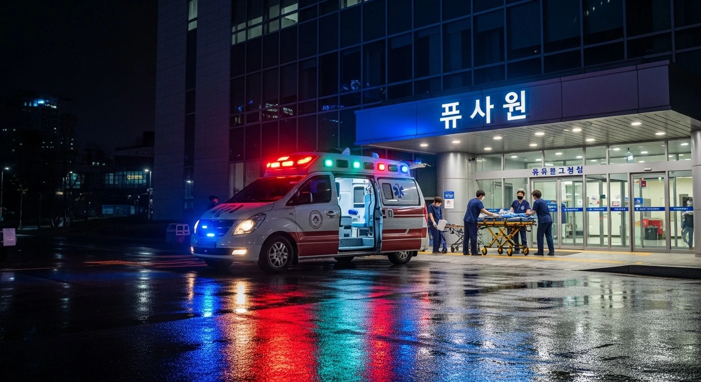 Korean ambulance parked in front of a hospital emergency entrance at night