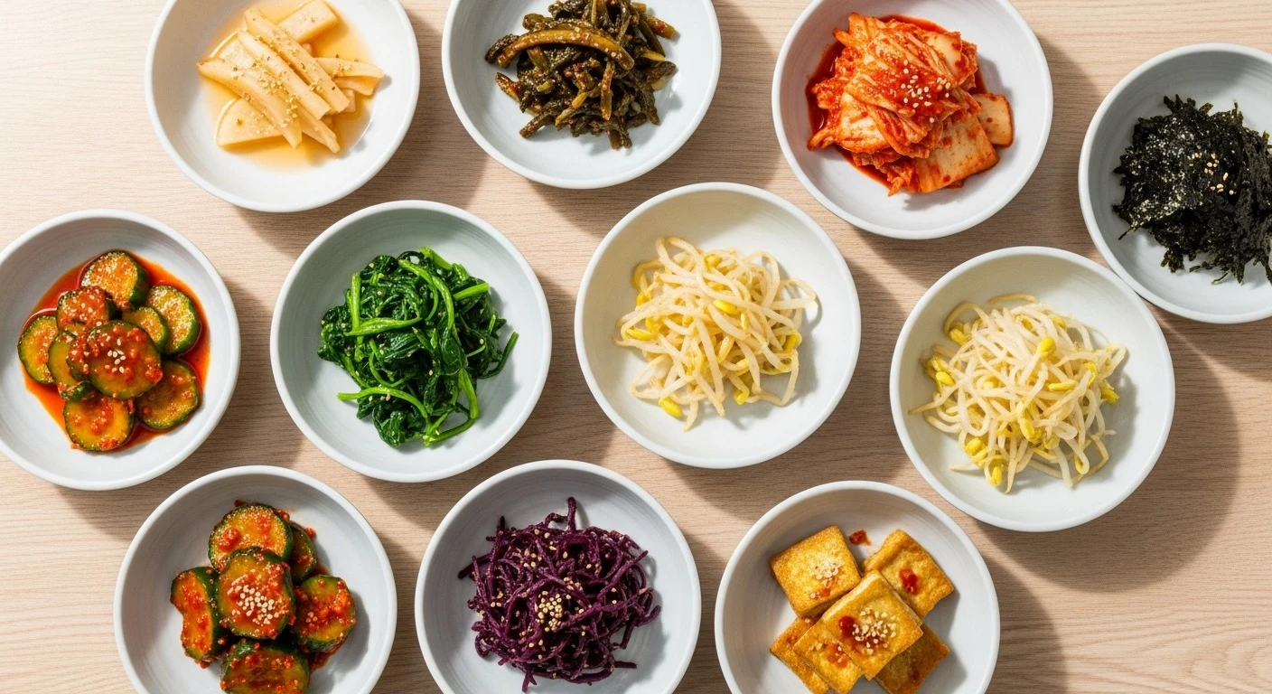 Colorful Korean banchan side dishes served in small white bowls on a wooden table