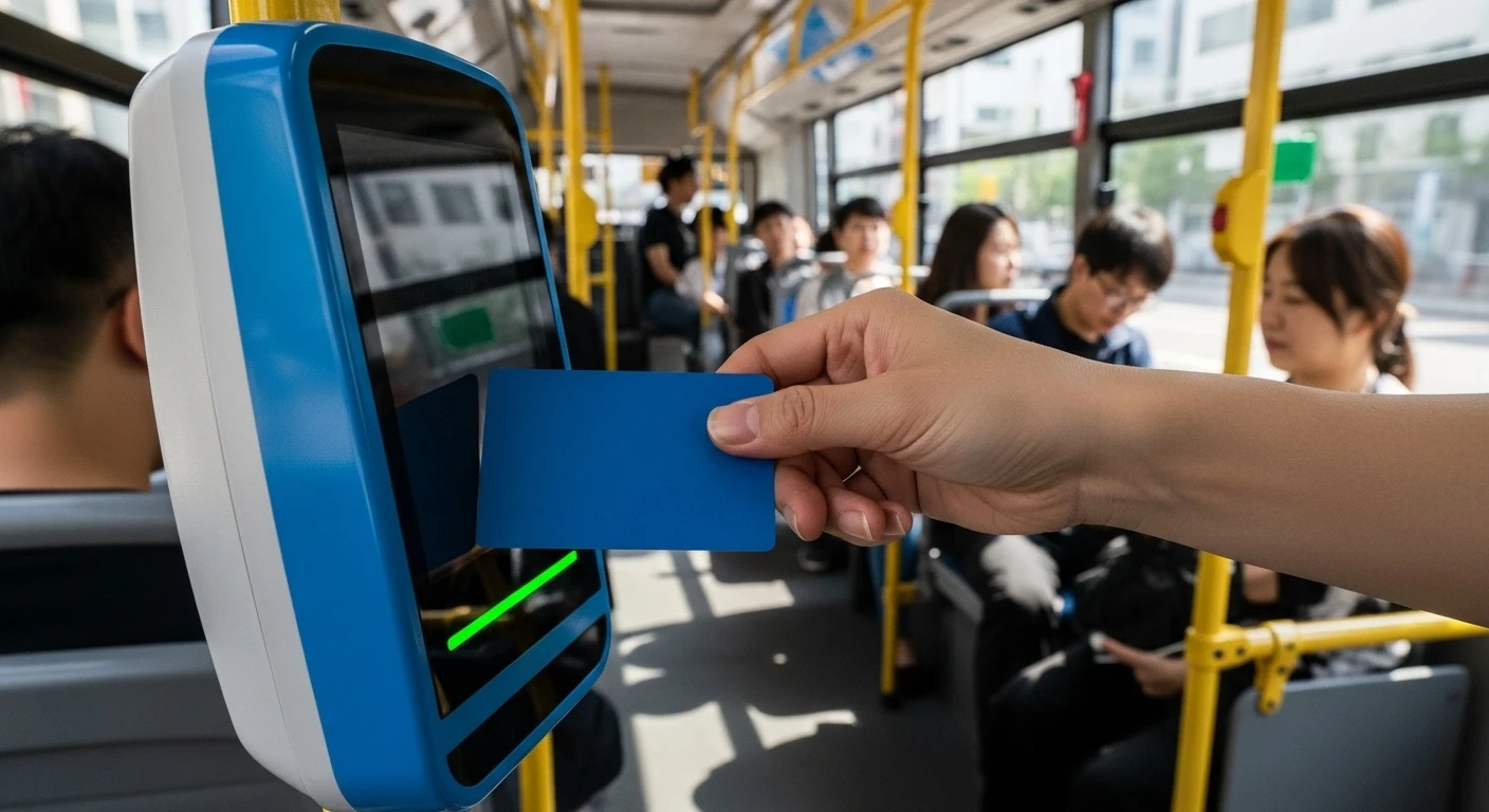 Passenger tapping transit card on the card reader near the rear exit door of a Korean bus