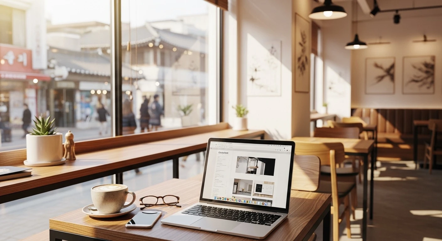 Cozy Korean cafe with a laptop and smartphone on a wooden table next to a latte