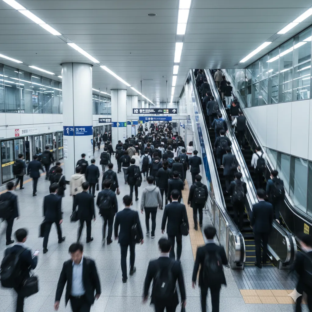 Commuters walking through a busy Seoul subway station during morning rush hour