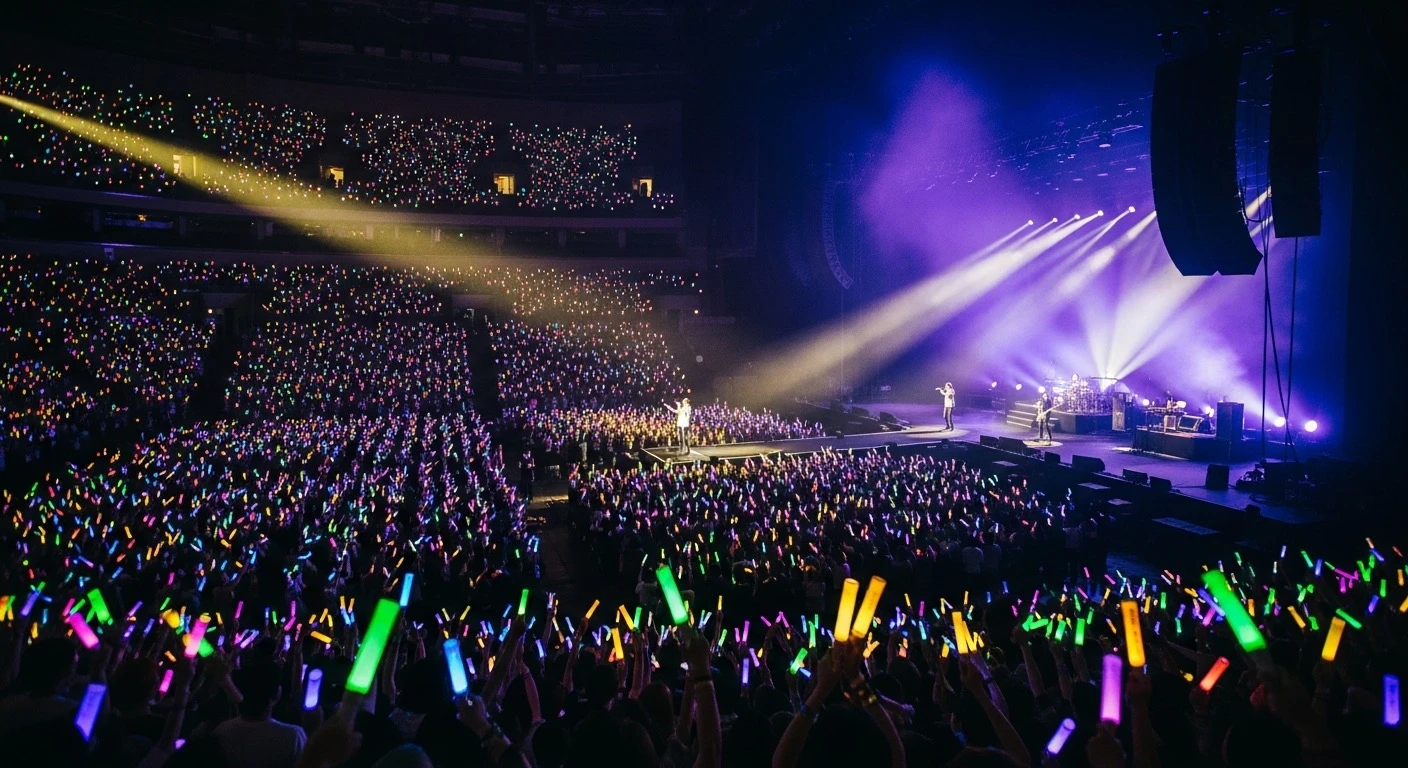 Inside a large concert arena filled with thousands of glowing colorful lightsticks held up by the audience