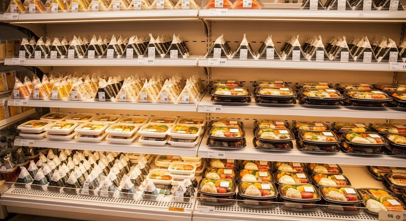 Shelves of triangle kimbap, lunch boxes, and instant noodles in a bright Korean convenience store