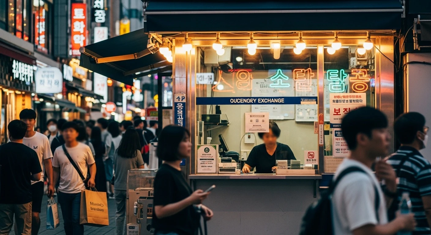 Currency exchange booth in a busy Korean shopping district
