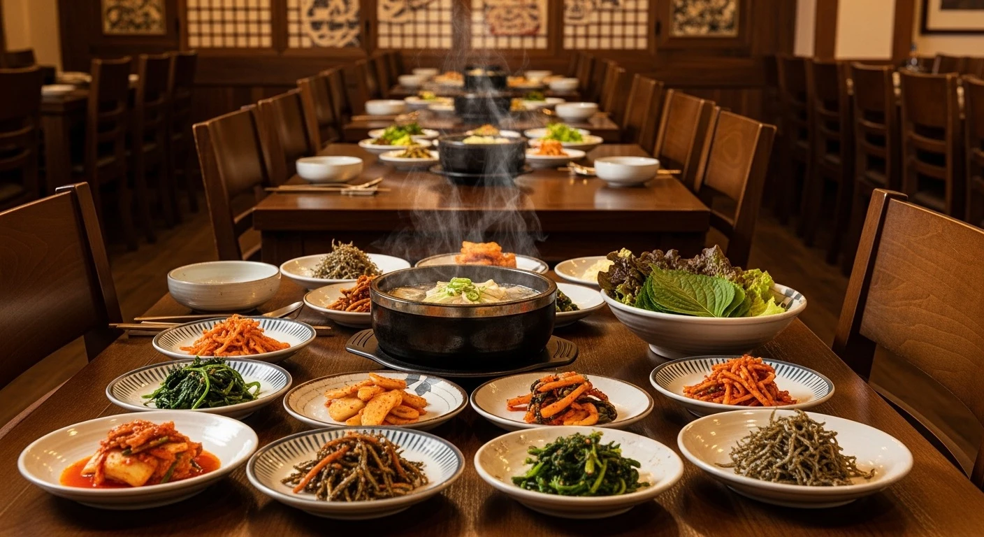 Warm inviting interior of a traditional Korean restaurant with wooden tables, banchan side dishes laid out, warm lighting, st
