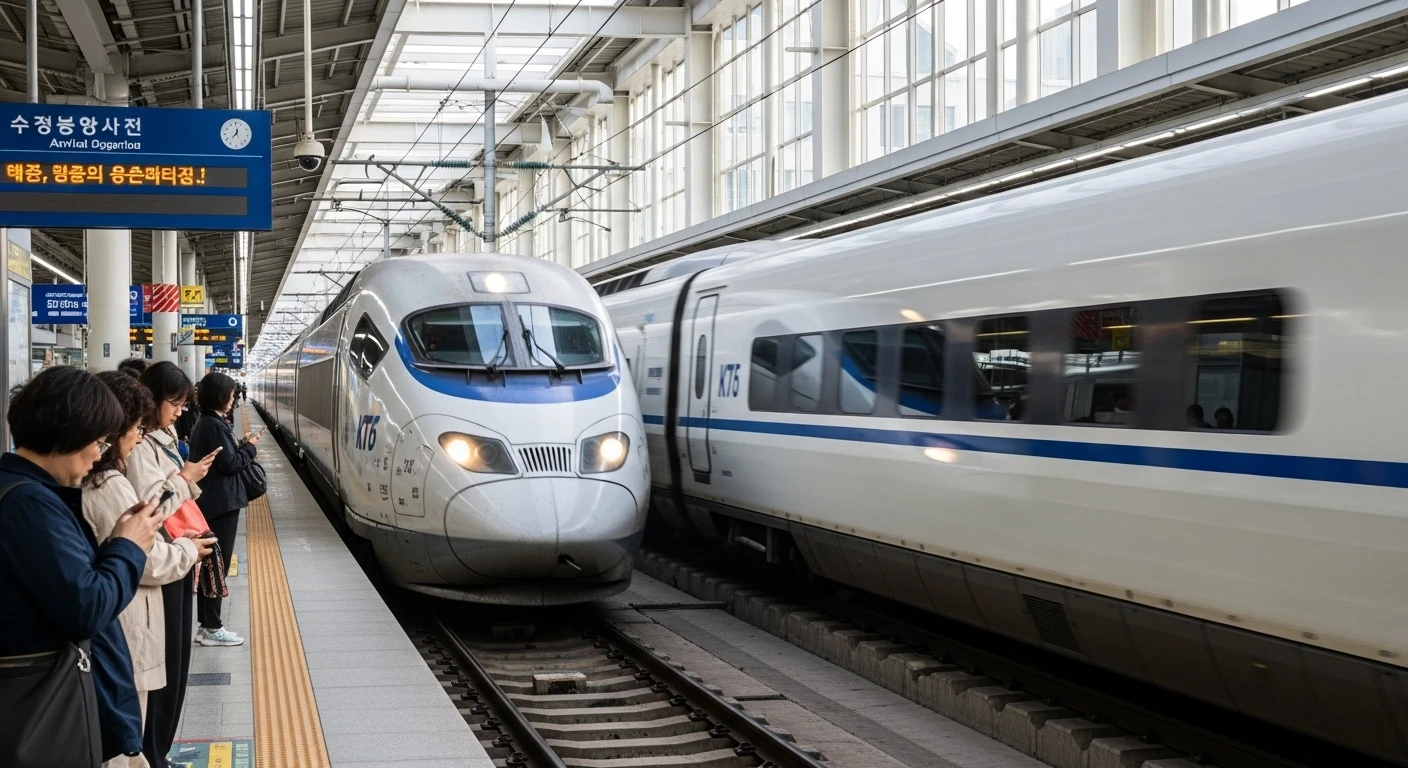 Sleek white and blue KTX high-speed bullet train arriving at a modern Korean railway station platform, motion blur effect on