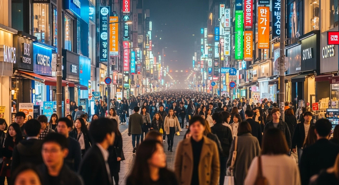 Vibrant night scene of a crowded shopping street in Seoul with colorful neon lights and storefronts, shoppers walking between