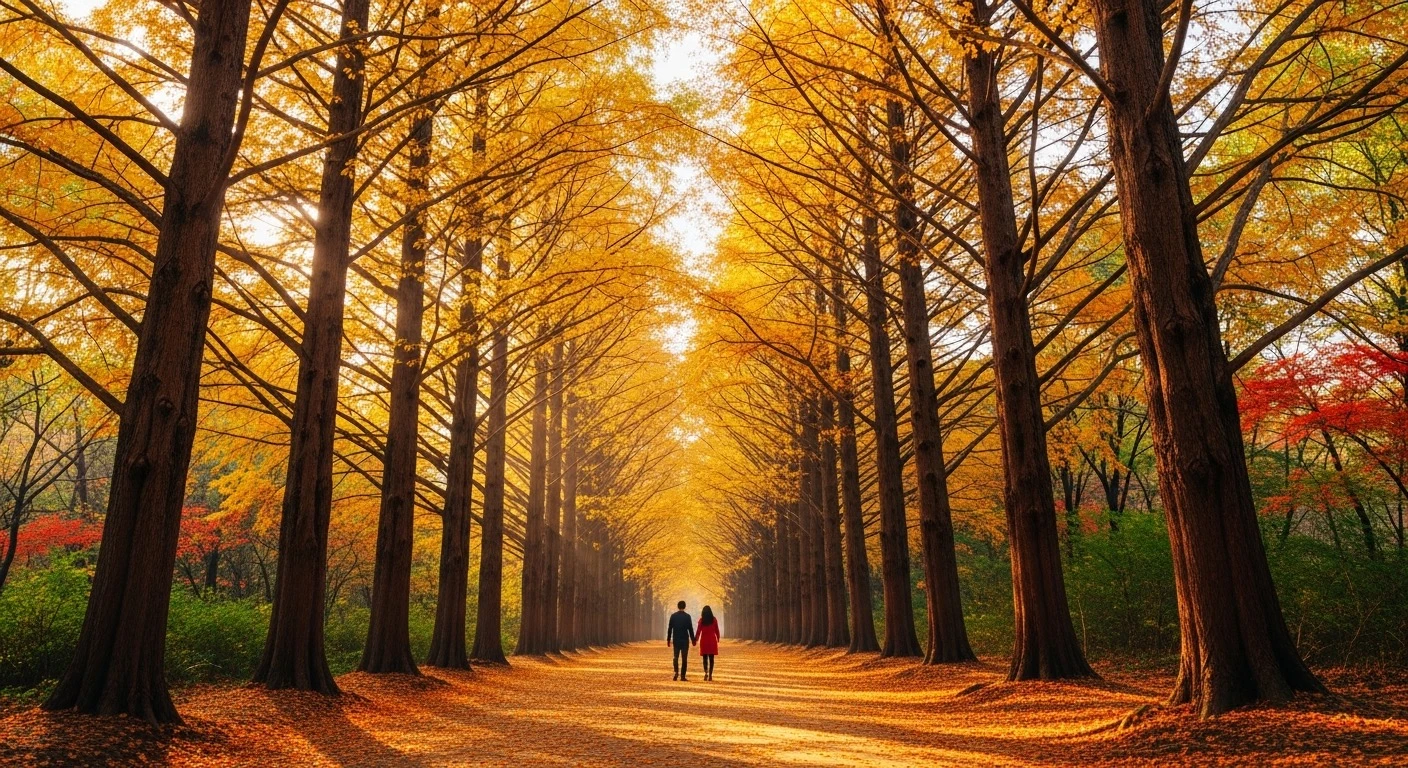 Stunning autumn view of Nami Island metasequoia tree-lined path with golden and red leaves, warm sunlight filtering through t