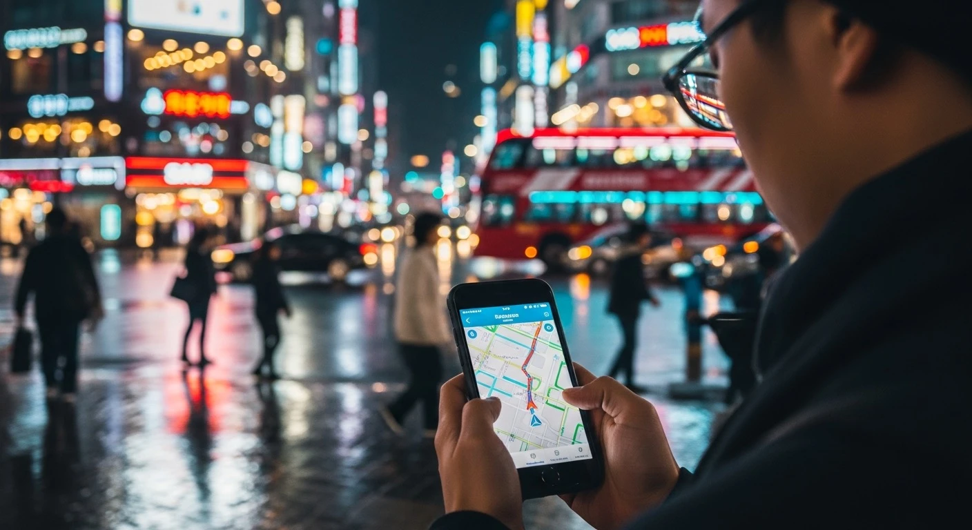 Traveler holding a smartphone showing a map navigation screen while standing at a busy Seoul intersection at night, neon ligh