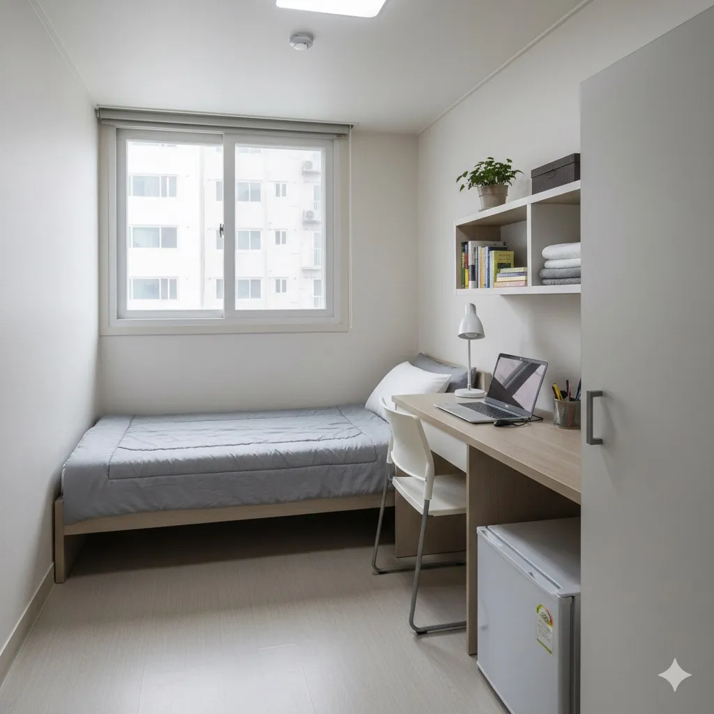 Small but tidy goshiwon room in Seoul with single bed, desk, and shelf