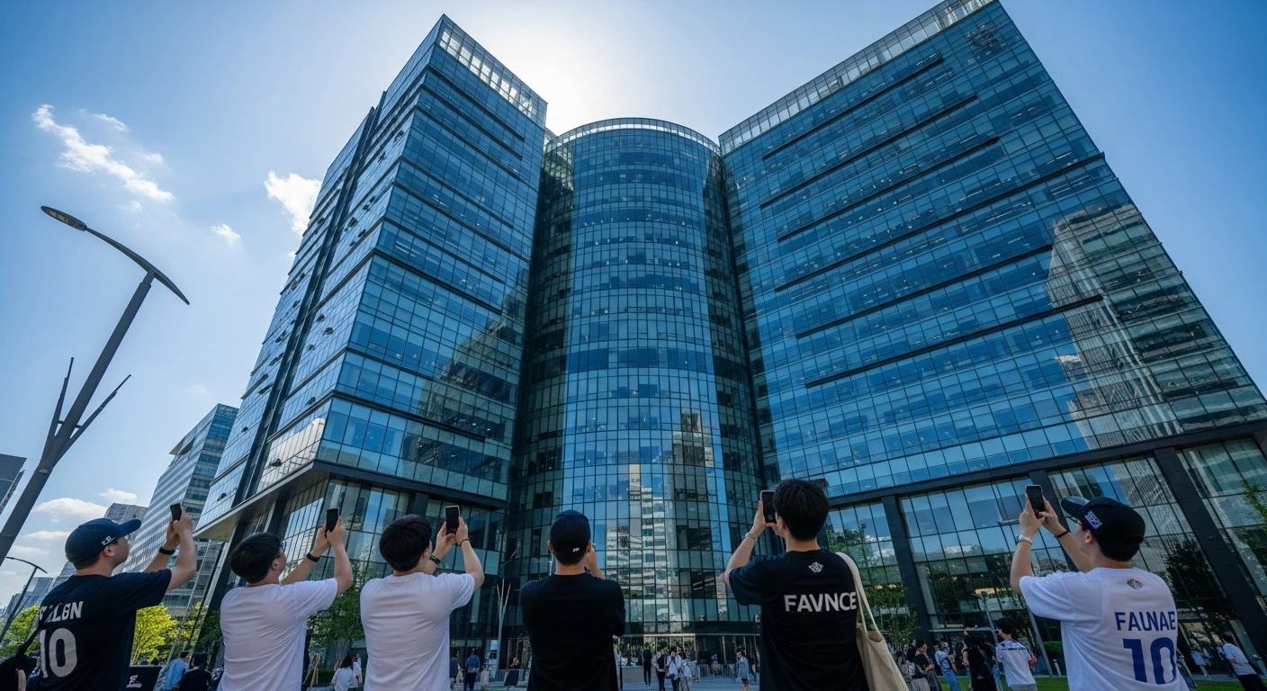 Modern glass corporate building exterior in Seoul Yongsan district with fans taking photos outside