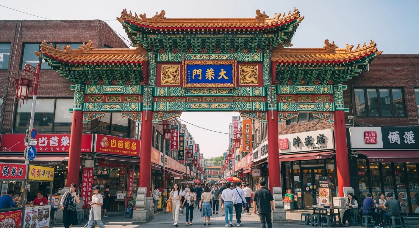 Vibrant traditional Chinese-style gate at the entrance of Incheon Chinatown