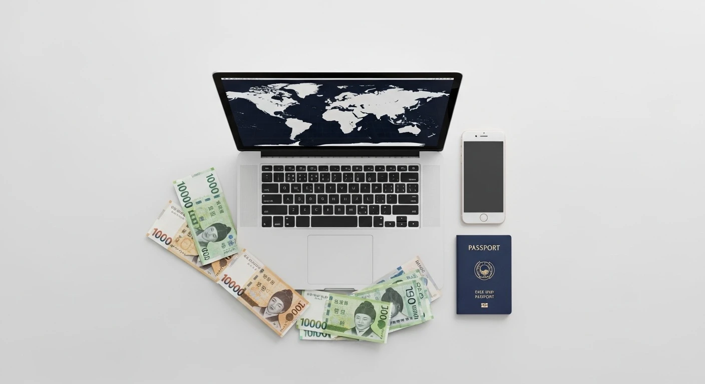 Flat lay of a laptop, Korean won bills, passport, and smartphone on a desk