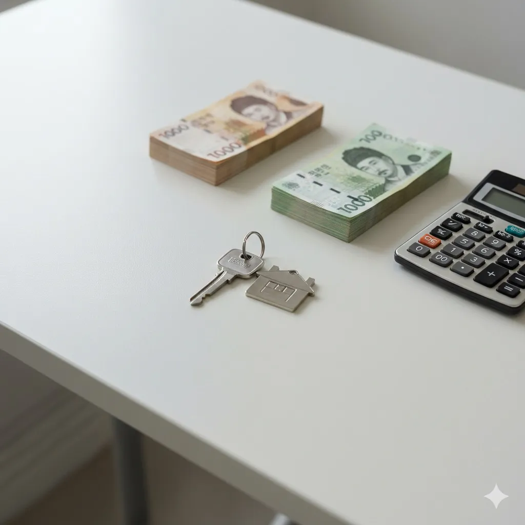 Korean real estate contract documents with house key, Korean won banknotes, and calculator on a desk