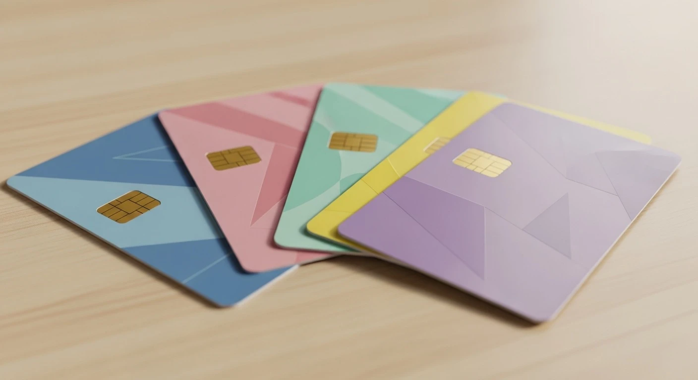 Colorful Korean bank debit cards on a wooden table
