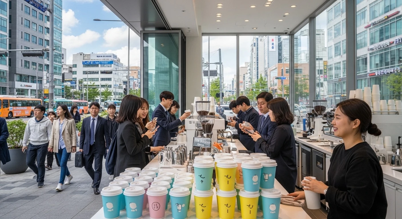 Busy Korean coffee shop on a city street corner with customers ordering inside