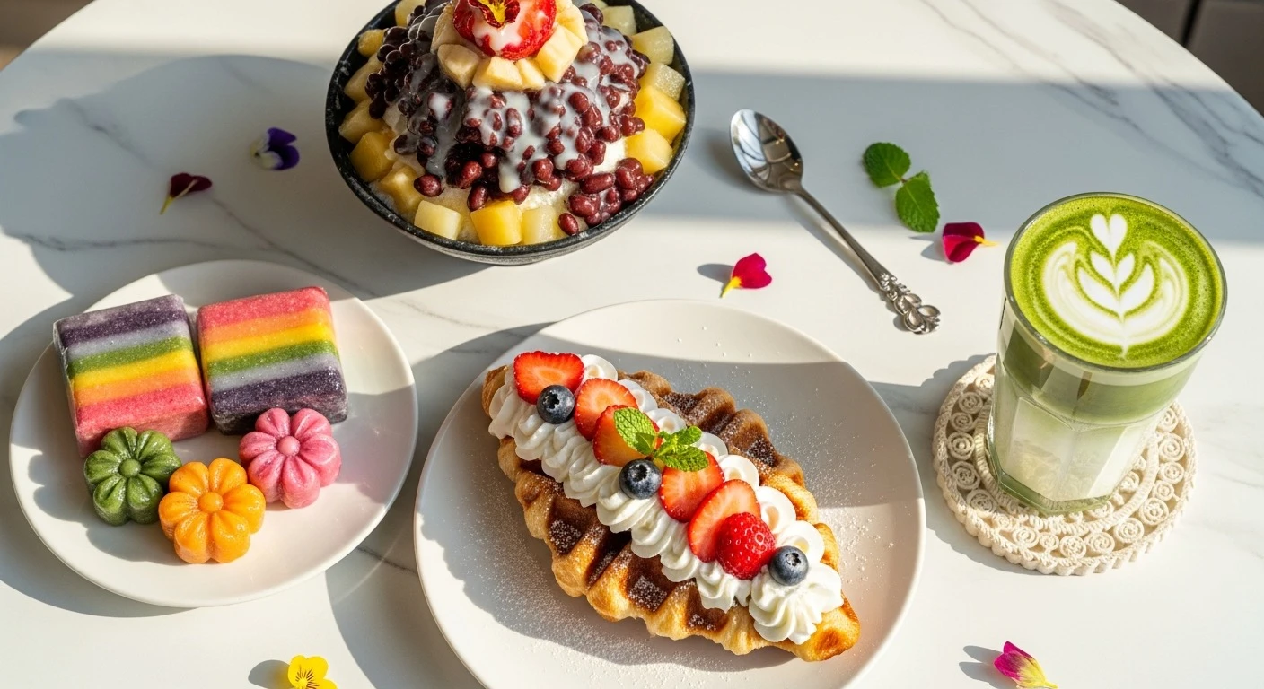 Overhead view of Korean cafe desserts including croffle, traditional rice cake, and bingsu on a marble table