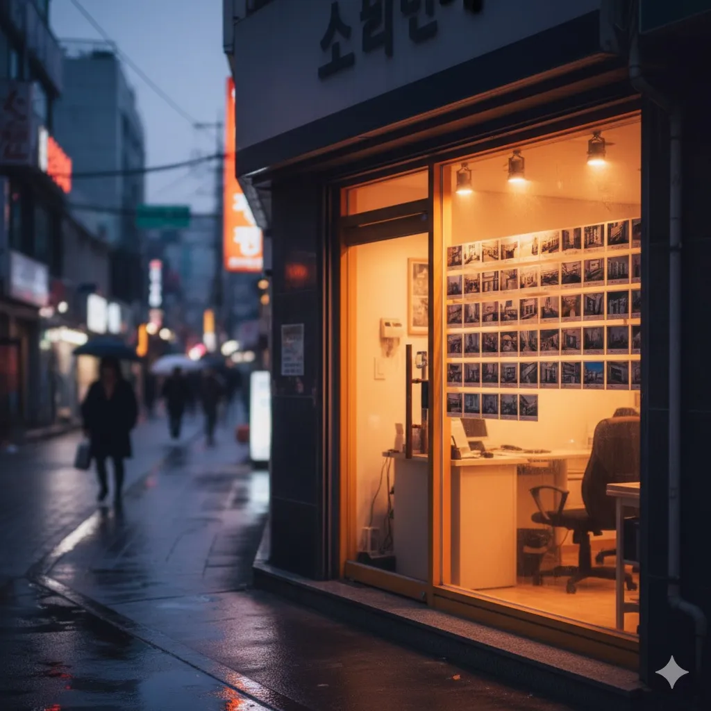 Exterior of a Korean real estate agency (budongsan) office with Korean signage at evening