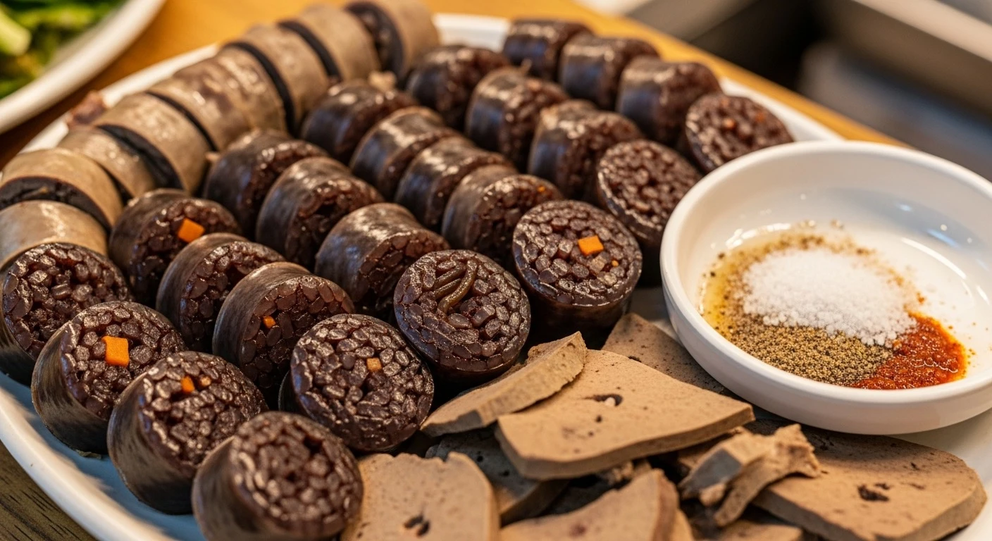 Sliced Korean blood sausage served on a plate with salt and liver at a traditional market stall