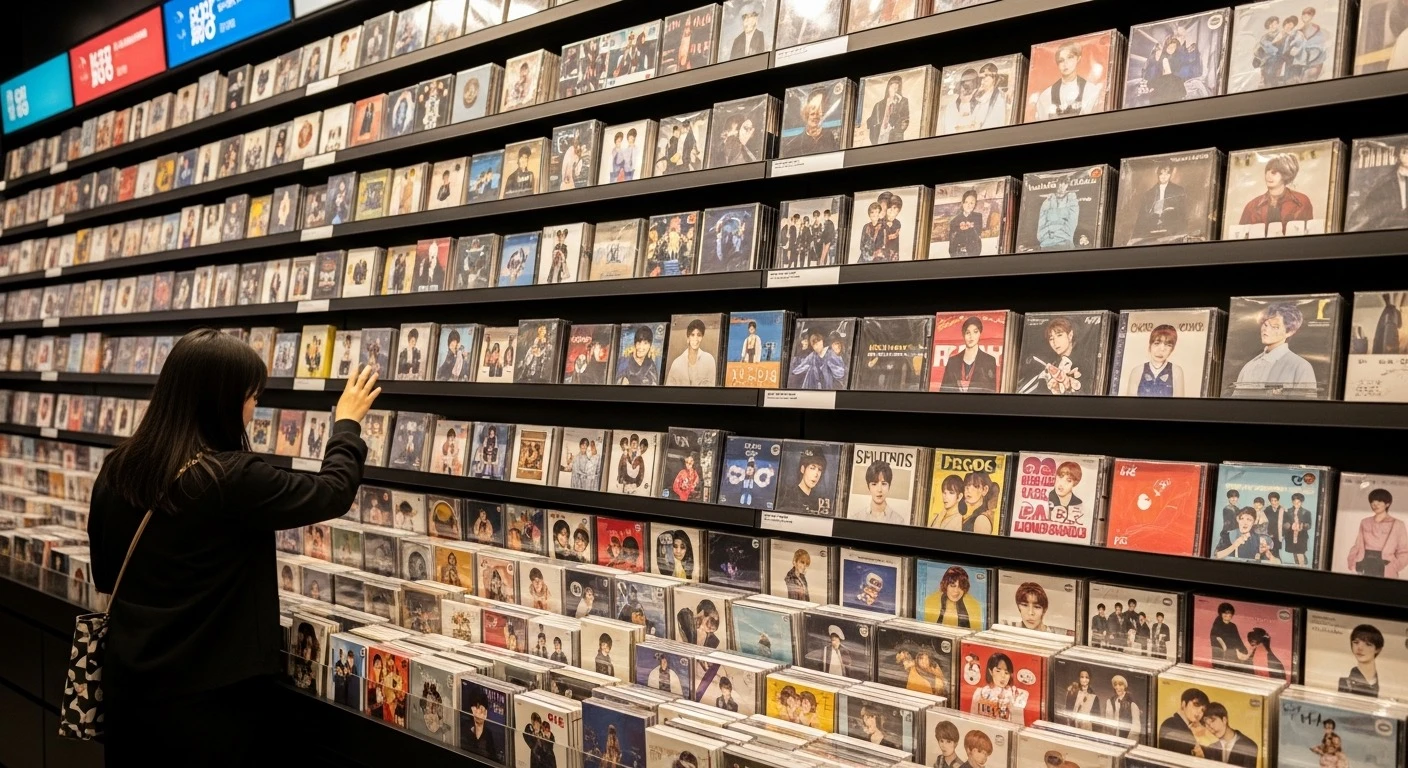 Colorful K-pop album display wall inside a music store with shelves filled with CD albums