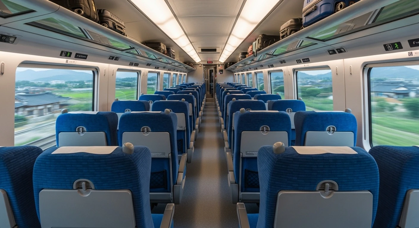 Interior of a modern KTX high-speed train showing comfortable seats and wide aisle