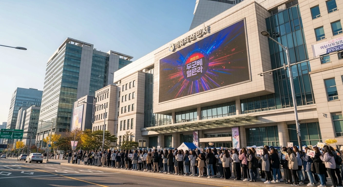 Exterior of a large broadcasting station building in Seoul with fans lined up outside