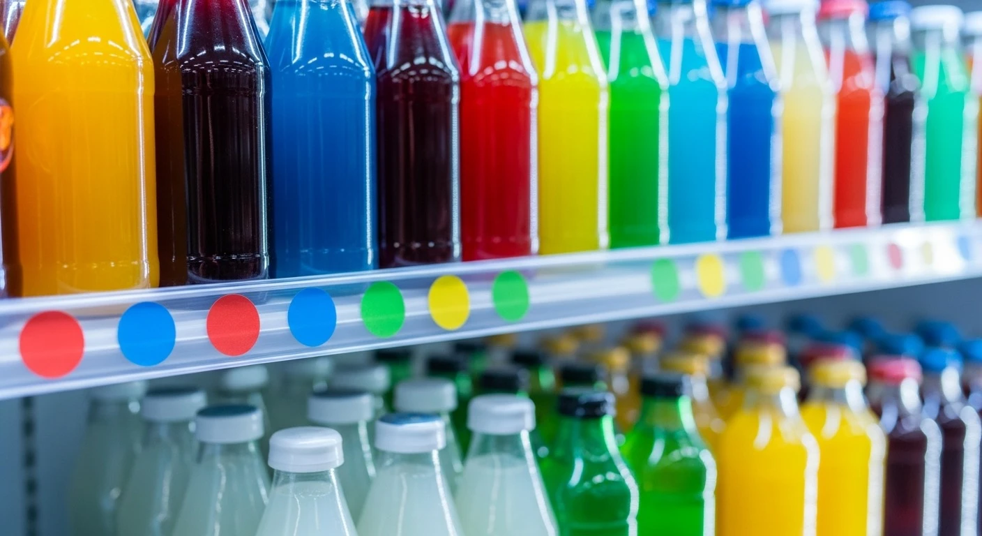 Convenience store shelf with colorful promotional stickers showing buy-one-get-one deal markers