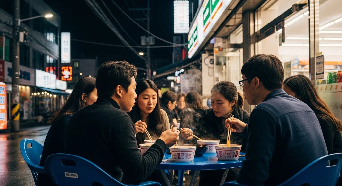 People eating instant noodles at outdoor tables outside a brightly lit convenience store at night