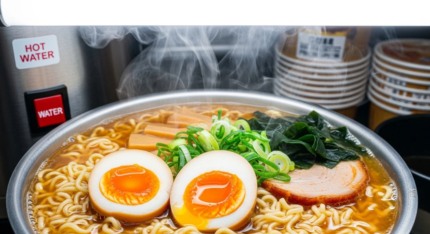 Steaming bowl of instant ramen at a Korean convenience store cooking station