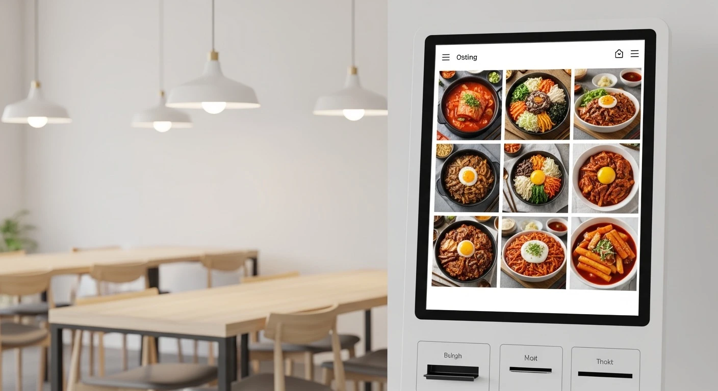 Modern touch-screen food ordering kiosk in a bright Korean restaurant