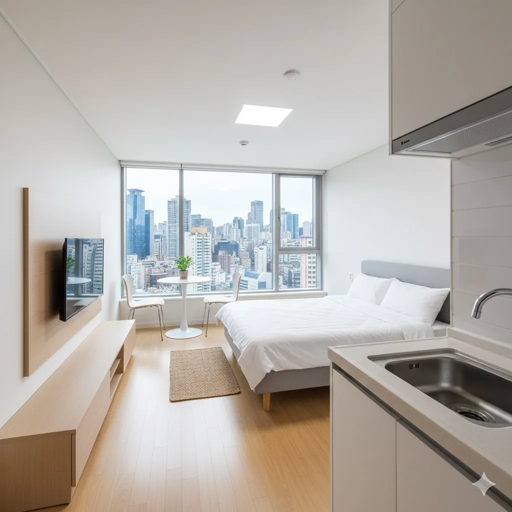 Interior of a modern compact studio apartment (officetel) in Seoul with minimalist furniture and city view