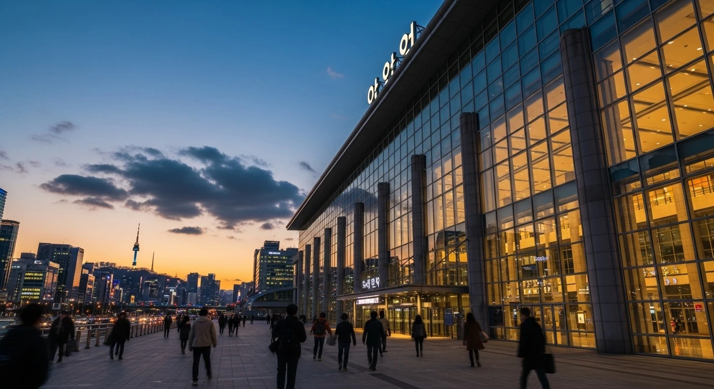 Grand exterior of Seoul Station building at dusk with warm lighting