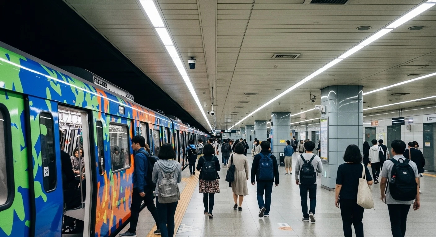 Colorful Seoul subway line map on a digital screen at a modern subway station