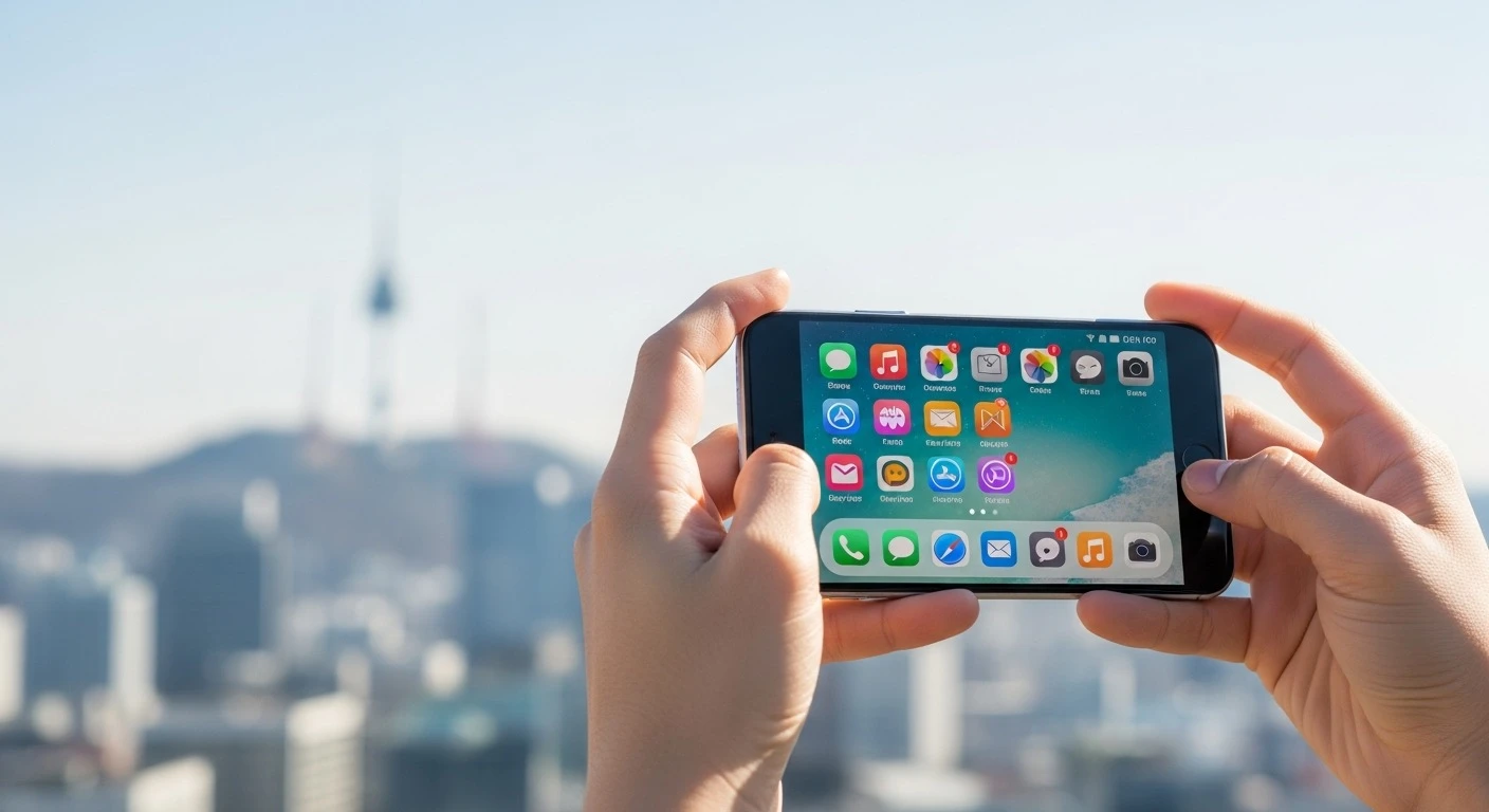 Hands holding a smartphone displaying app icons with Seoul cityscape in background