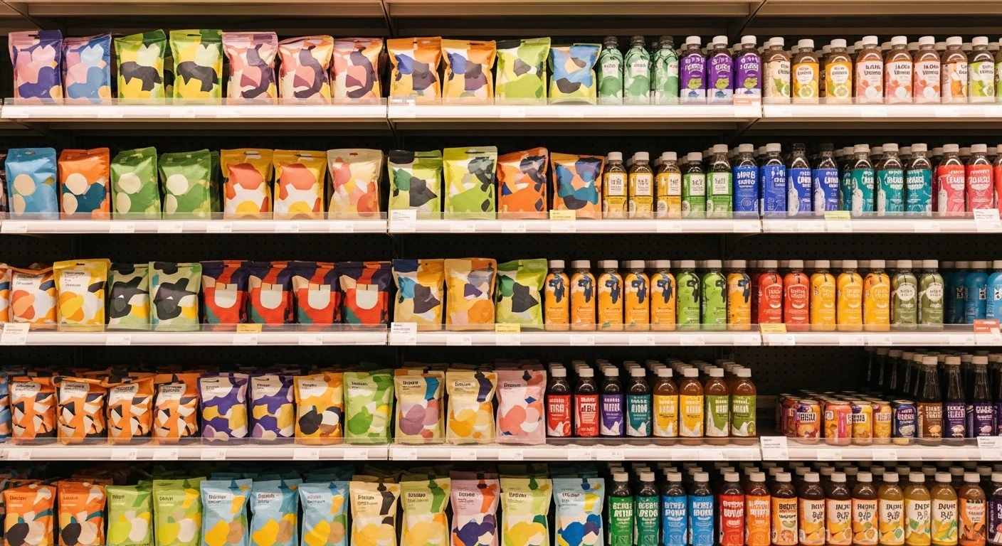 Colorful shelves stocked with various snacks and drinks inside a Korean convenience store