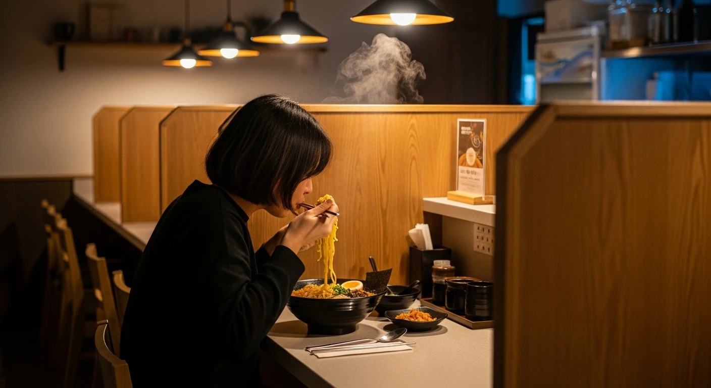 Person eating alone at a single-seat counter in a modern Korean ramen restaurant