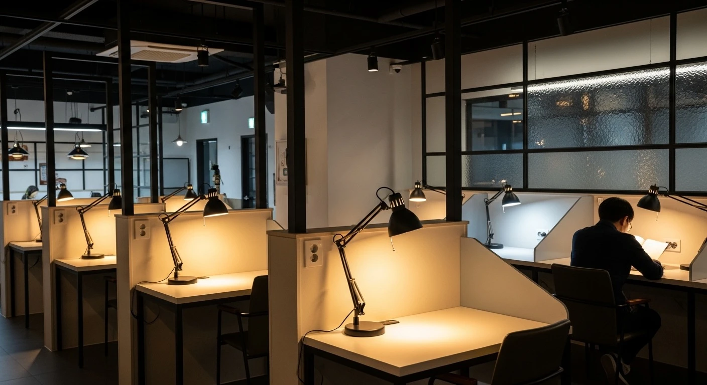 Modern Korean study cafe interior with individual desk partitions and warm desk lamps