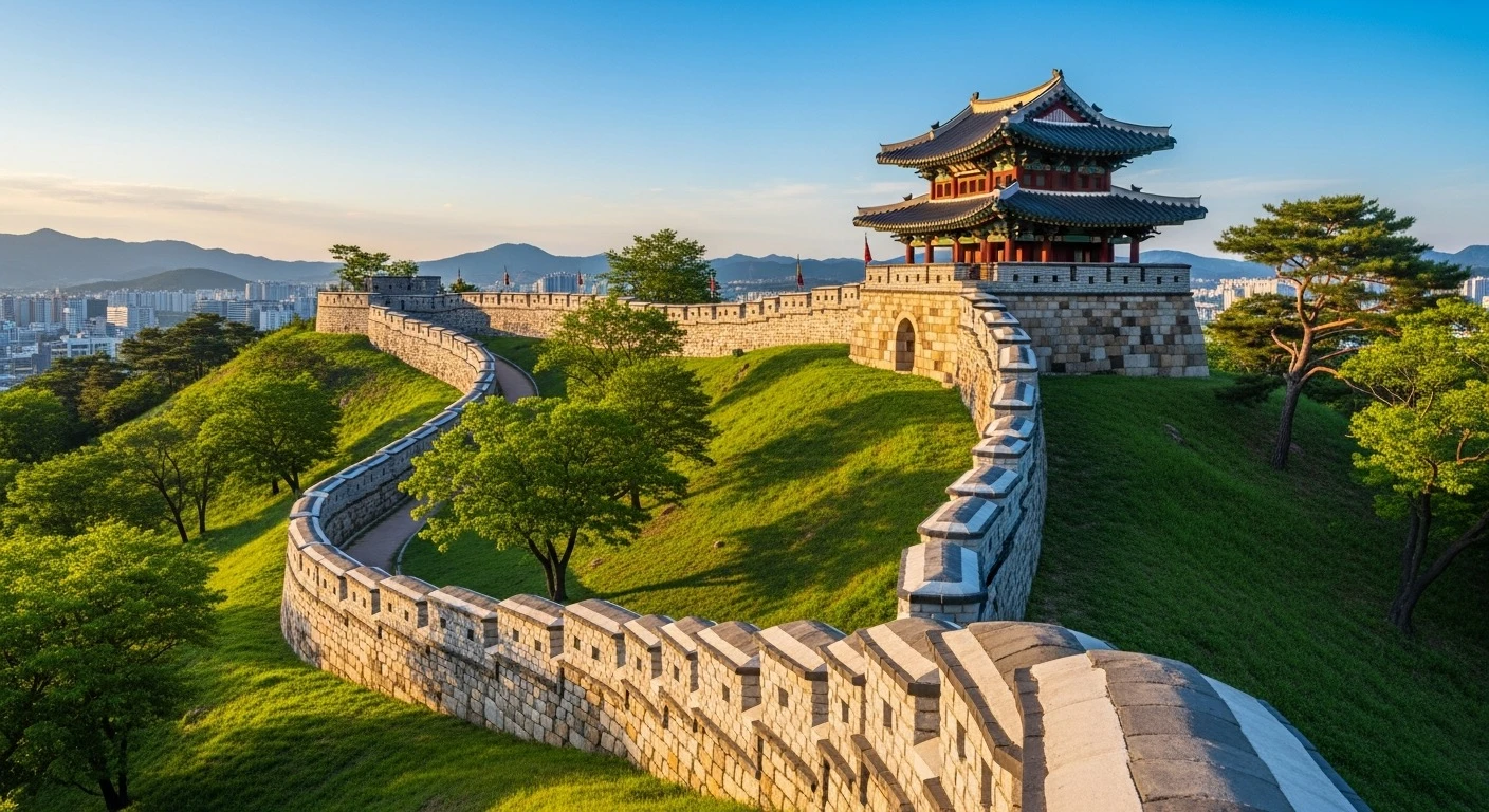 Panoramic view of Suwon Hwaseong Fortress wall curving along a green hillside with a traditional watchtower