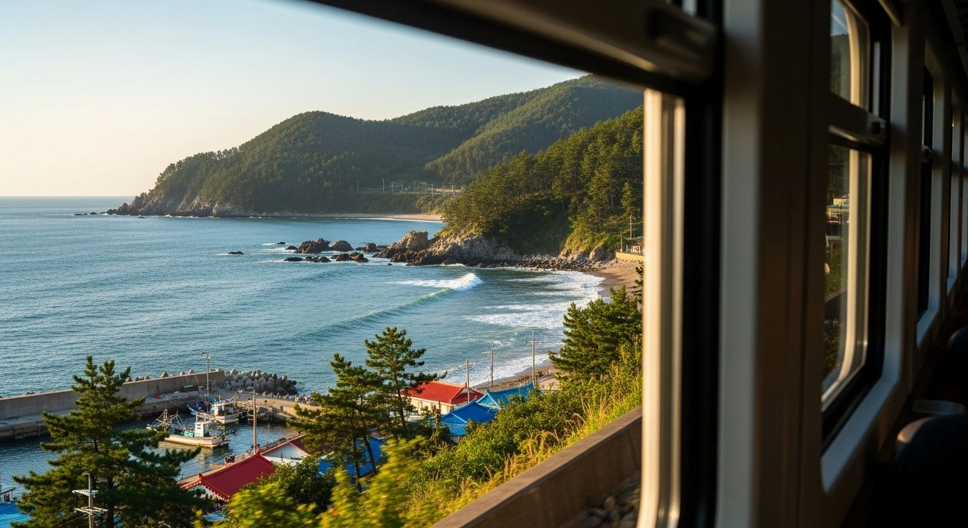 Scenic view of the Korean coastline from a train window with blue ocean and green hills