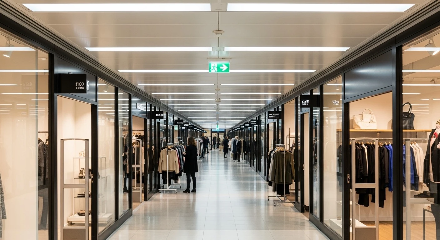 Bright underground shopping arcade corridor with rows of fashion boutiques
